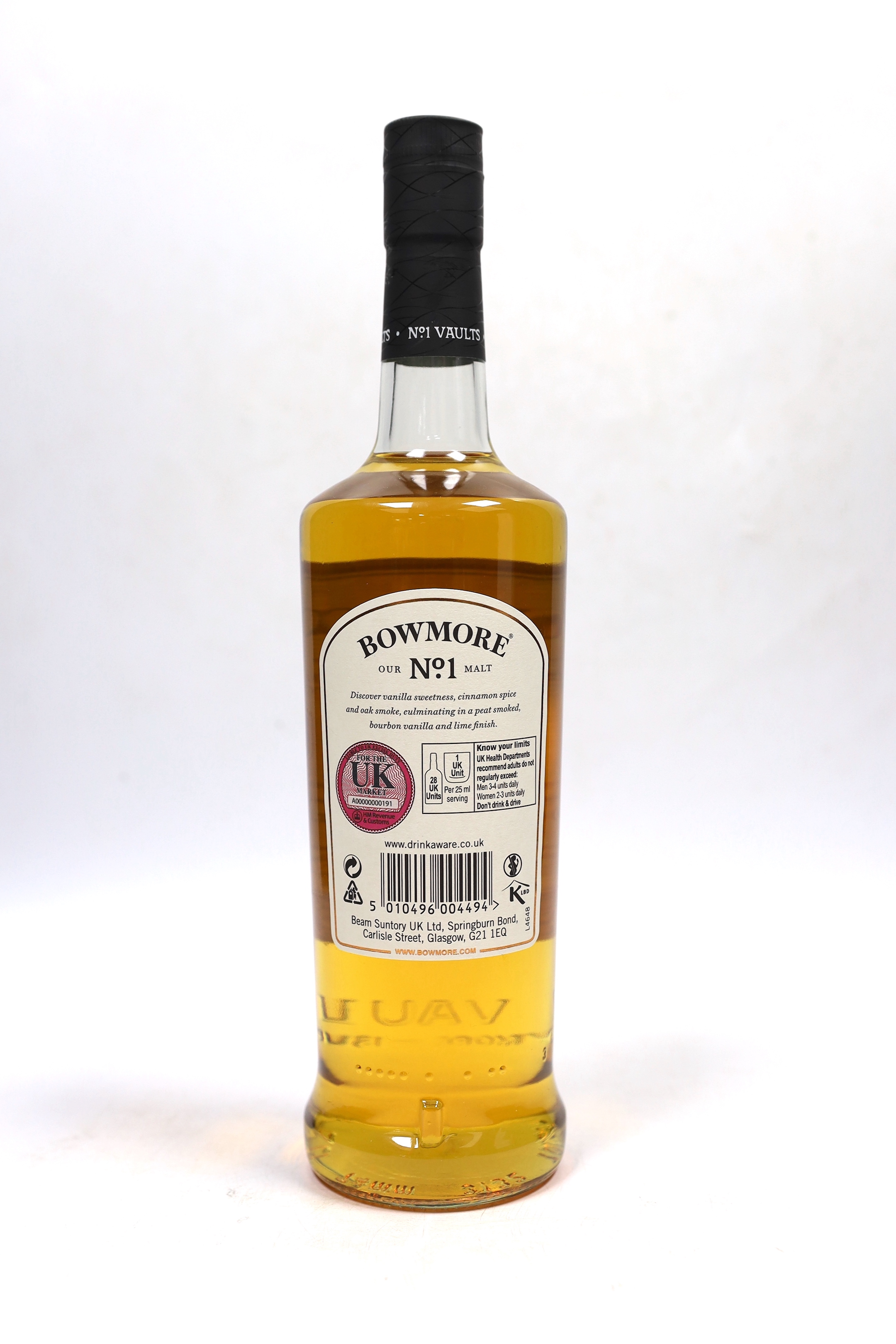 One boxed bottle of Bowmore No.1 Islay single malt Scotch whisky.